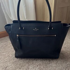 kate spade Black Pebbled Leather Tote with Front Zip Tassel